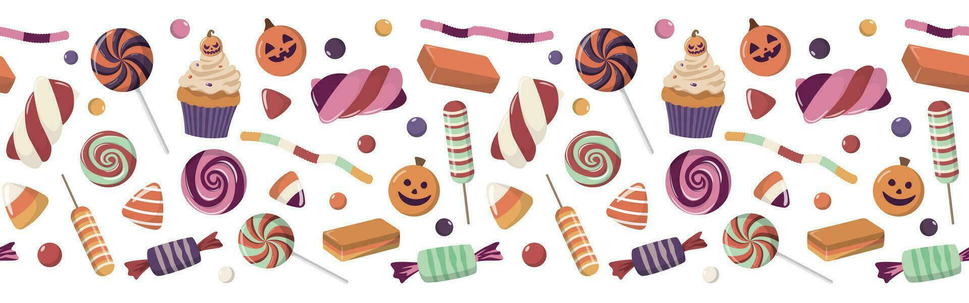 Halloween des sucreries et bonbons sans couture frontière. vecteur Contexte avec Halloween des sucreries. dessin animé vacances desserts. isolé sur blanc Contexte. main tiré délicieux bonbons.