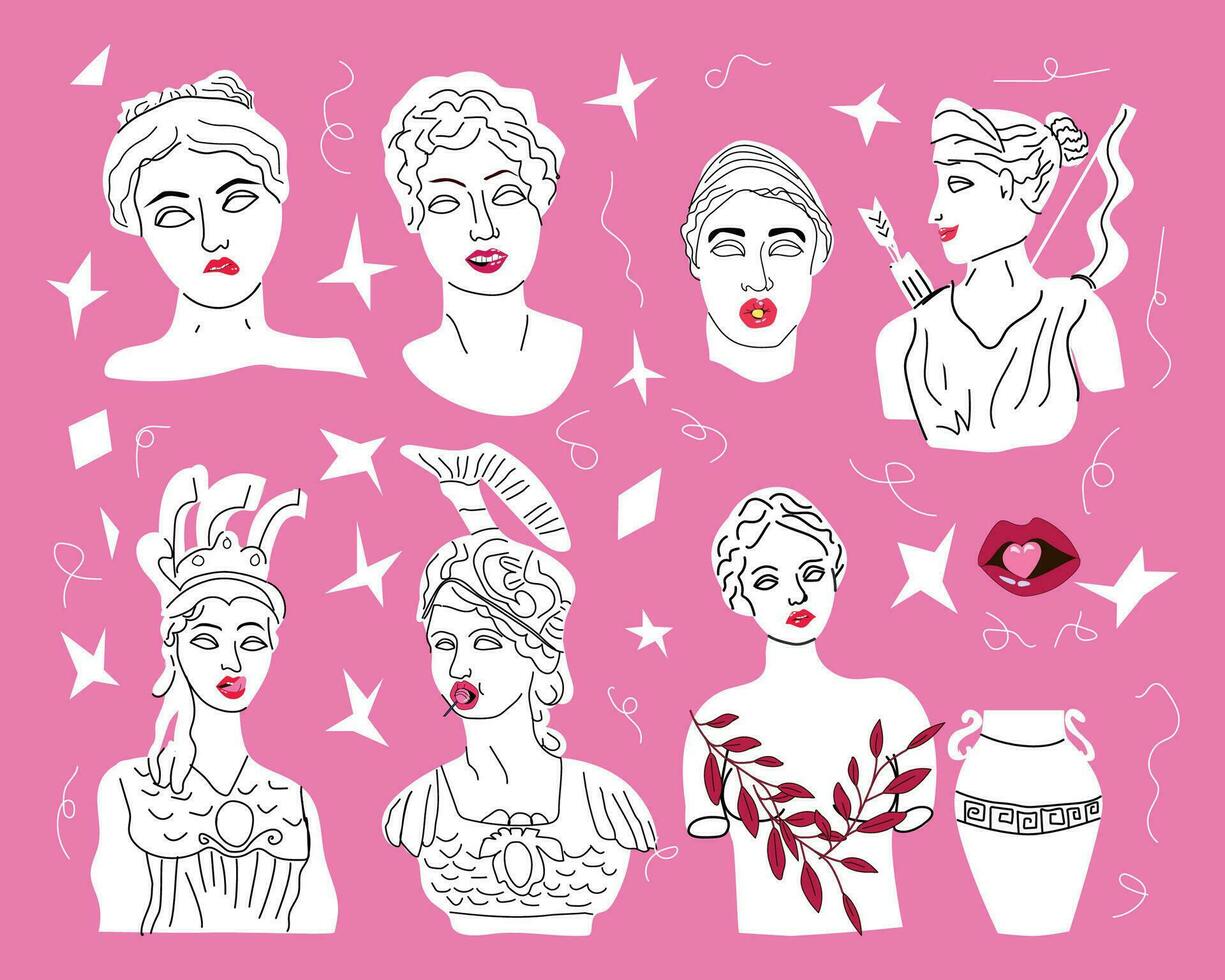 ensemble de antique grec femmes avec rouge lèvres de 90 vecteur