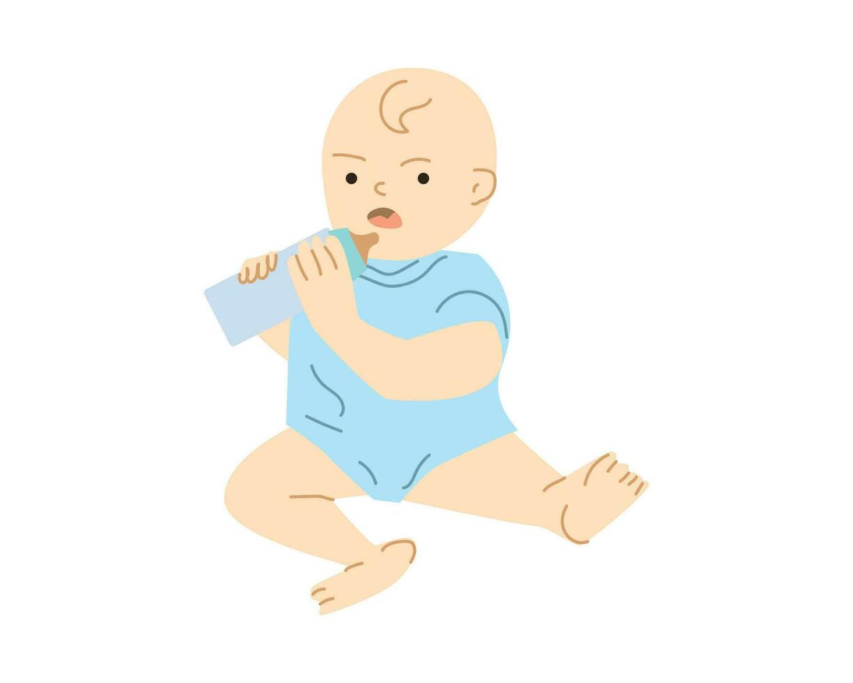 mignonne garçon en portant bébé Lait bouteille, dans bleu couleur. vecteur