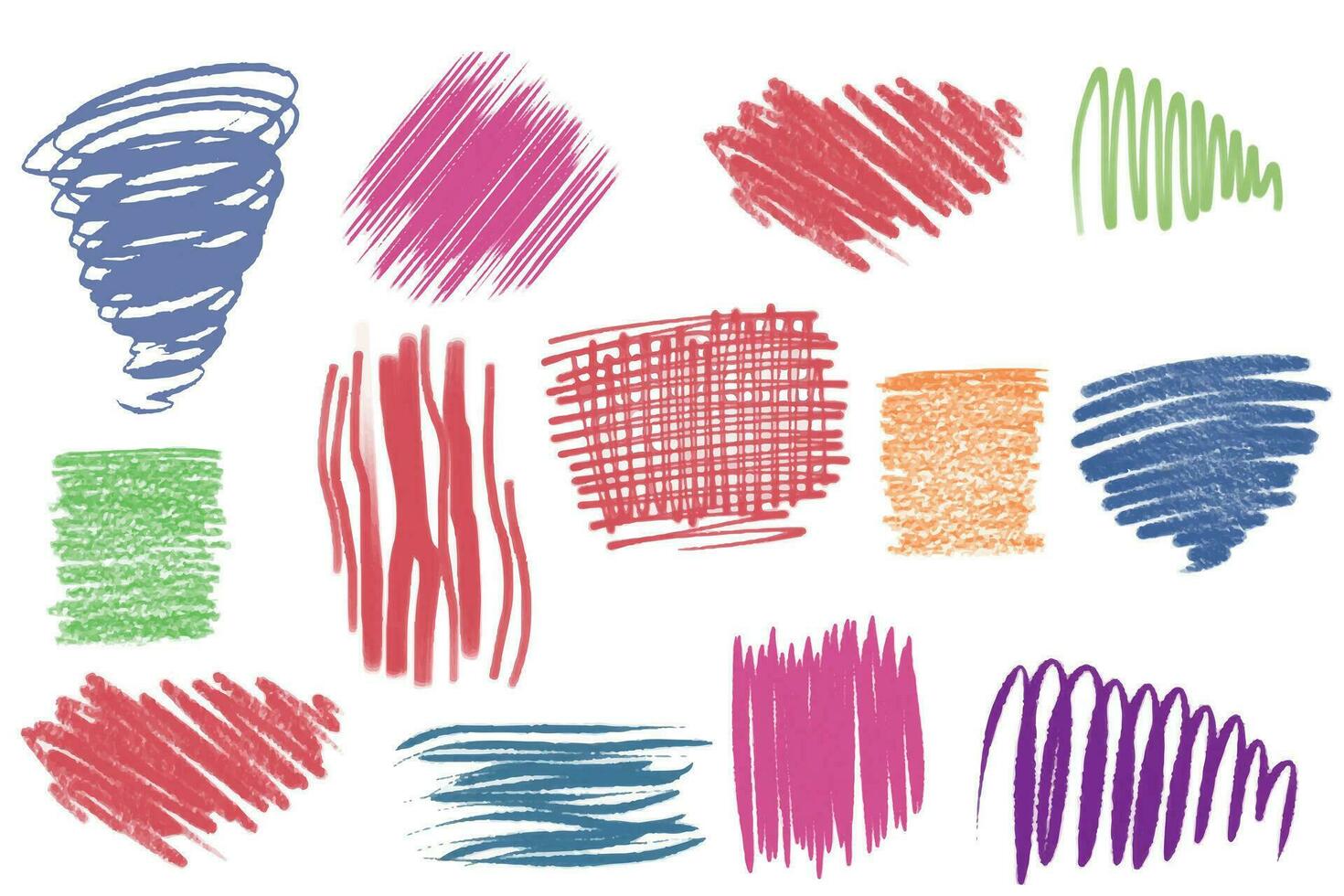 coloré charbon crayon frisé horizontal lignes. gribouillis et gribouillis, griffonnage lignes. multi coloré crayon coups, points et spirales. grunge frottis, mince et épais craie coups. vecteur illustration