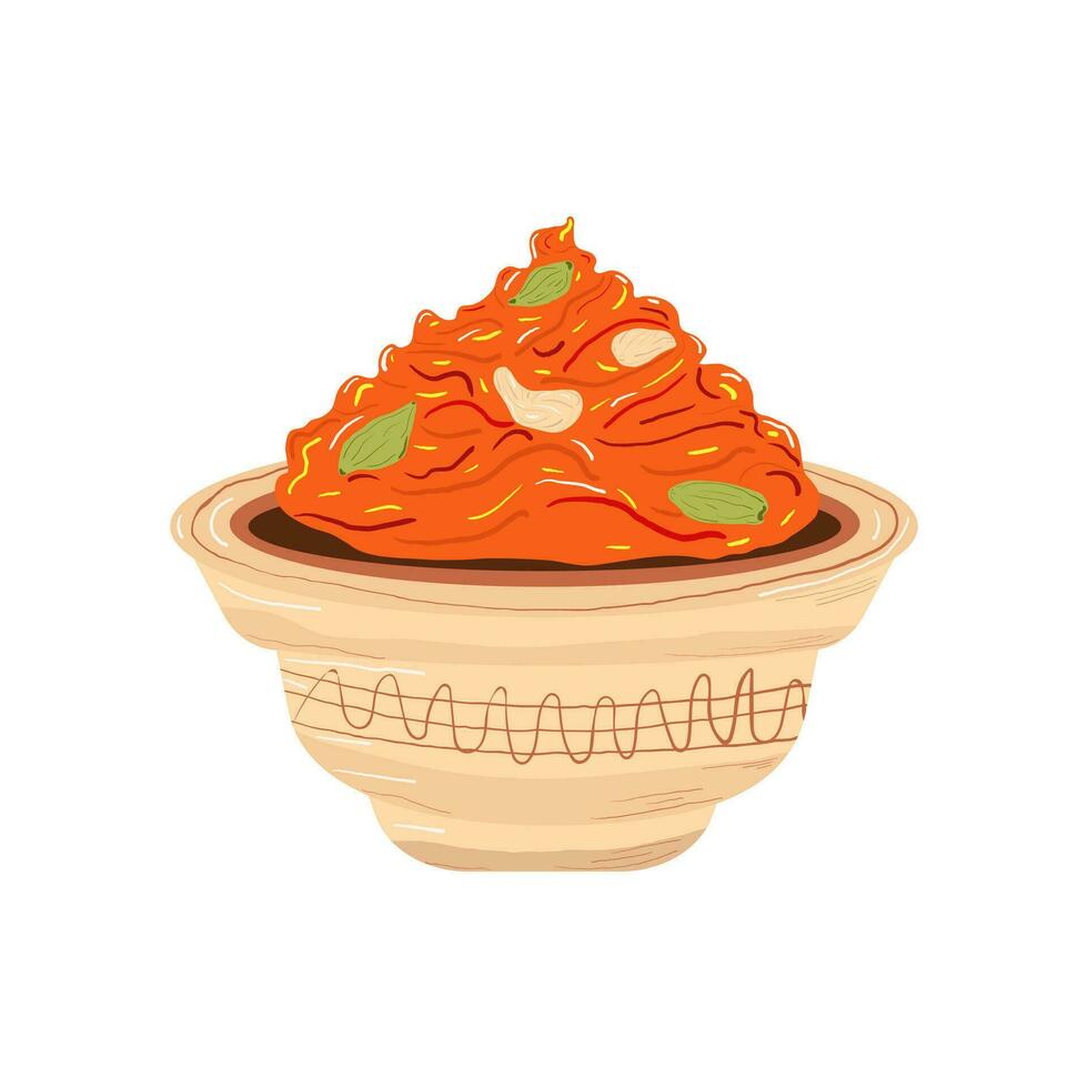 Indien traditionnel aliments. carotte halwa avec pistaches et noix de cajou, gajar ka halwa dans une bol avec une modèle. diwali mithai coloré plat illustration. isolé sur blanc Contexte. vecteur