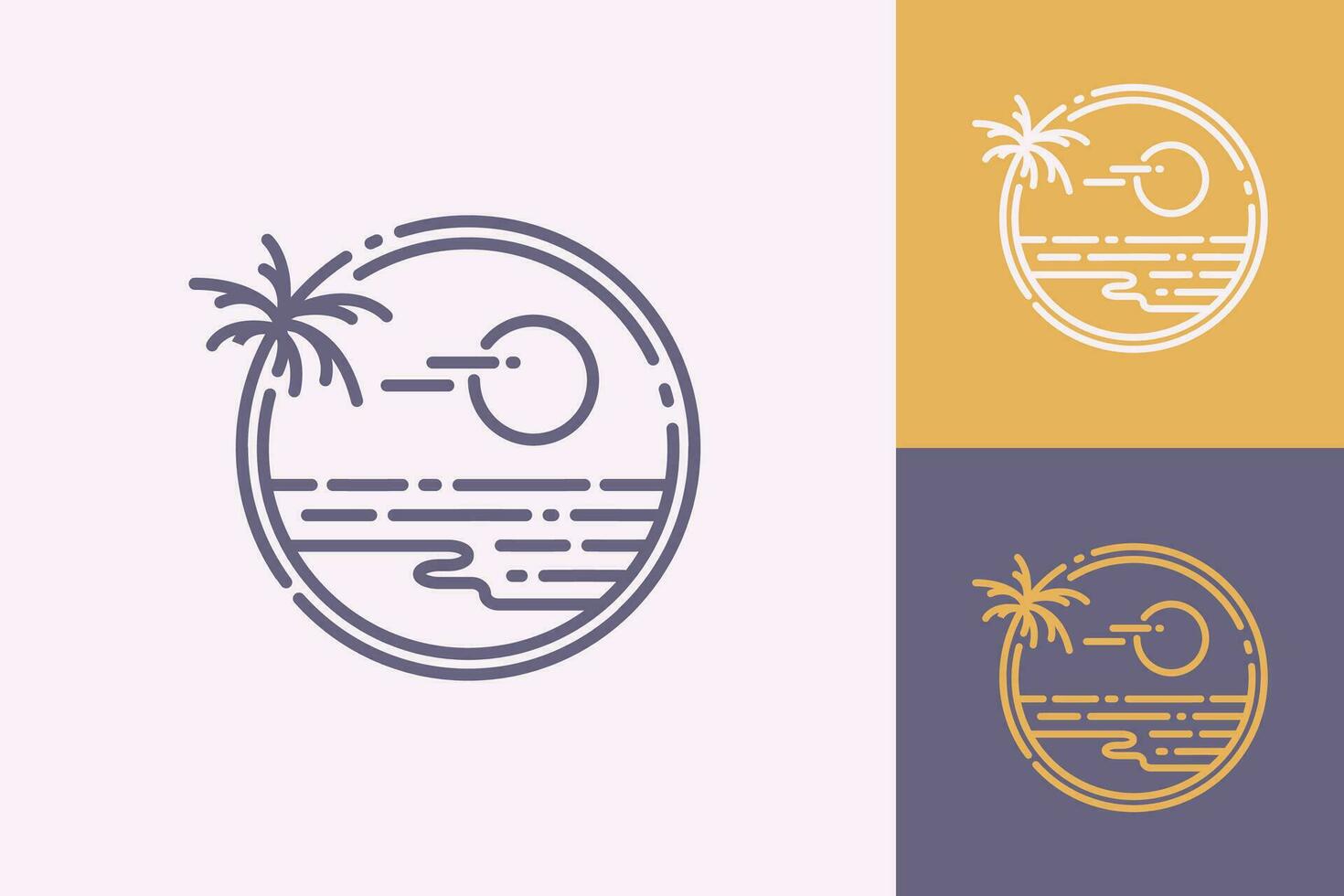 ligne art de tropical île plage avec soleil, une paume arbre et littoral Couleur variations timbre logo conception concept vecteur