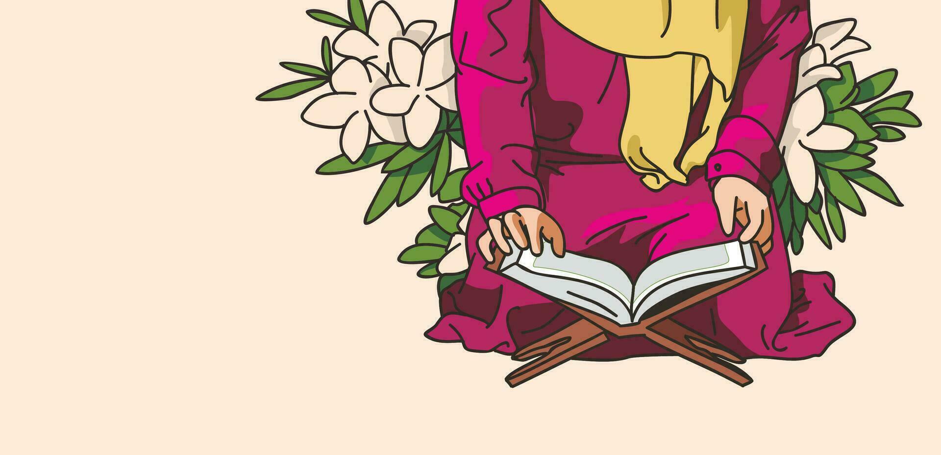 linéaire illustration de une musulman femme en train de lire le livre coran, inférieur moitié de sa corps visible vecteur