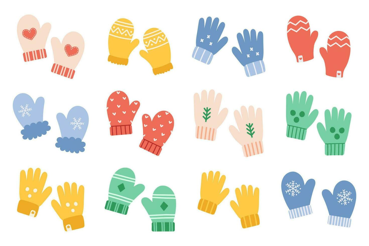 tricoté Mitaines et gants ensemble. les enfants et adultes hiver accessoires. mignonne dessin animé vecteur illustration.