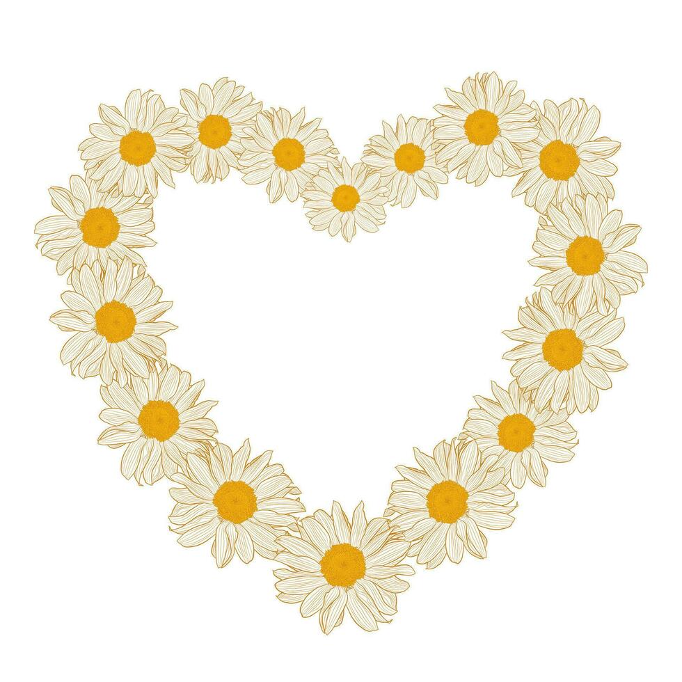 floral couronne de marguerites dans le forme de cœur sur blanc Contexte. vecteur illustration élément avec copie espace, mai utilisation pour salutation cartes, faire-part, mariage, anniversaire, Pâques, paquet conception