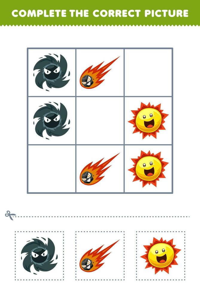 éducation Jeu pour les enfants Achevée le correct image de une mignonne dessin animé noir trou comète et Soleil imprimable solaire système feuille de travail vecteur