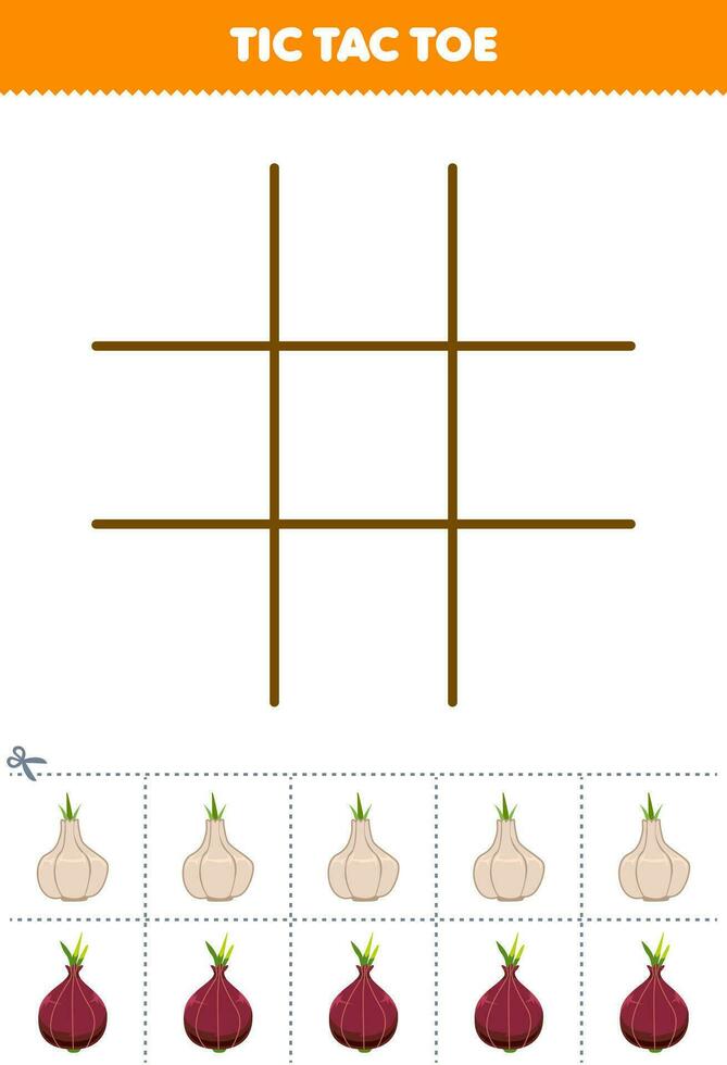 éducation Jeu pour les enfants tic tac doigt de pied ensemble avec mignonne dessin animé Ail et échalote image imprimable légume feuille de travail vecteur