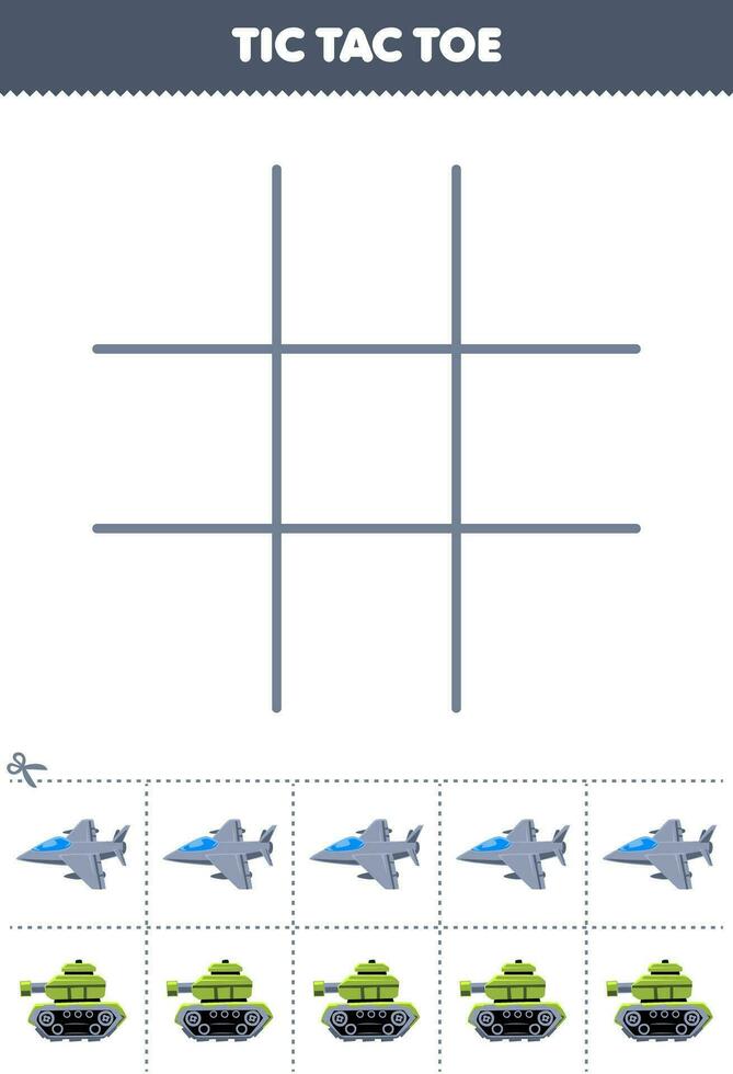 éducation Jeu pour les enfants tic tac doigt de pied ensemble avec mignonne dessin animé jet combattant et réservoir image imprimable transport feuille de travail vecteur