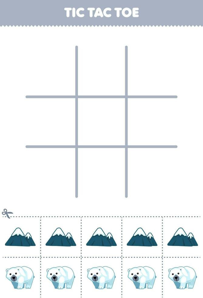 éducation Jeu pour les enfants tic tac doigt de pied ensemble avec mignonne dessin animé Montagne et polaire ours image imprimable hiver feuille de travail vecteur