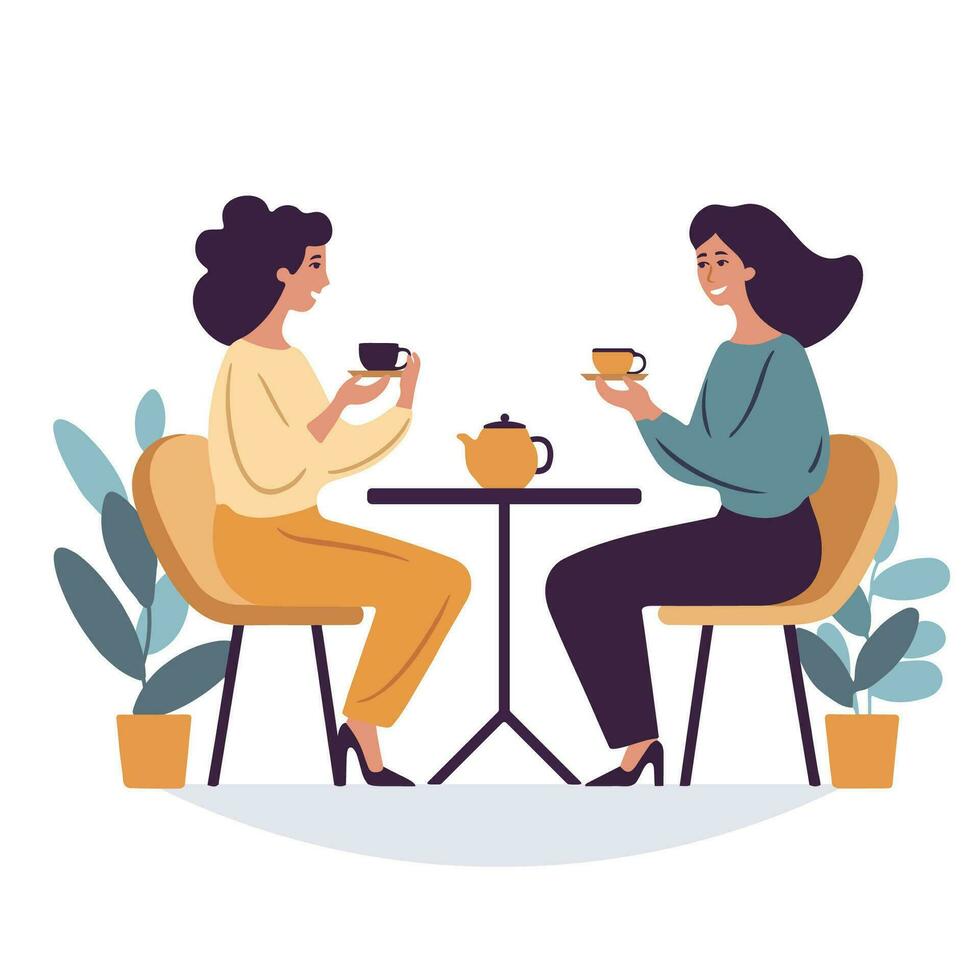 deux femmes ayant une amical conversation plus de une tasse de thé, vecteur illustration