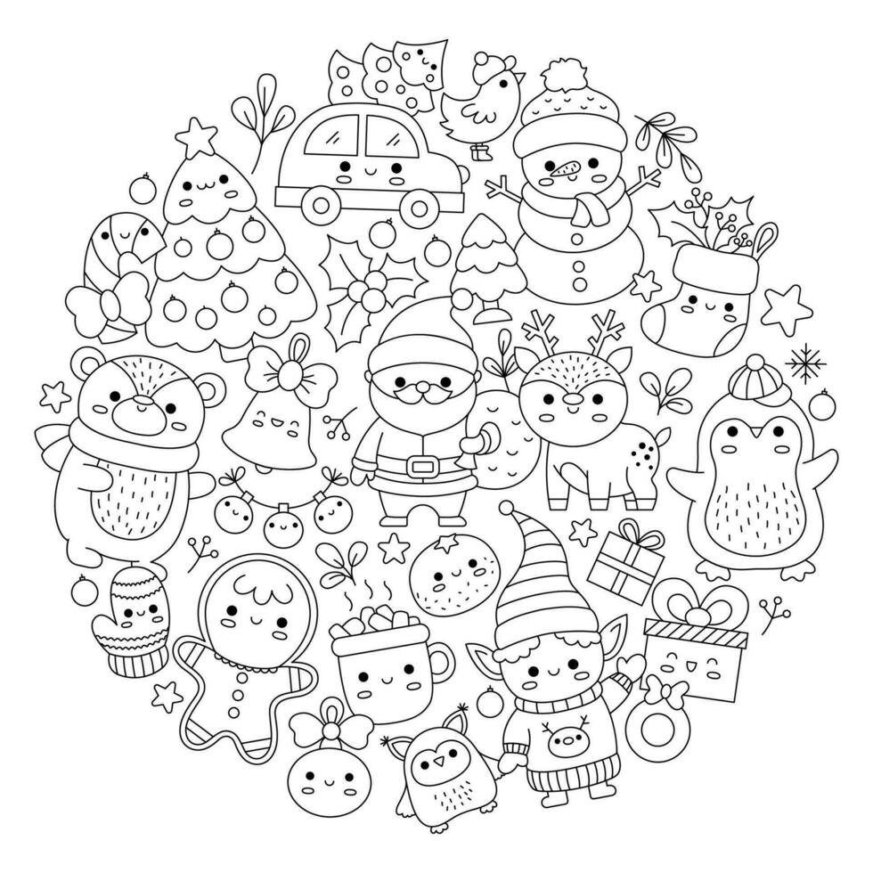 vecteur Noël rond ligne coloration page pour des gamins avec mignonne kawaii personnages. noir et blanc hiver ou Nouveau année vacances illustration avec marrant Père Noël noël, cerf, elfe, ours, arbre encadré dans cercle