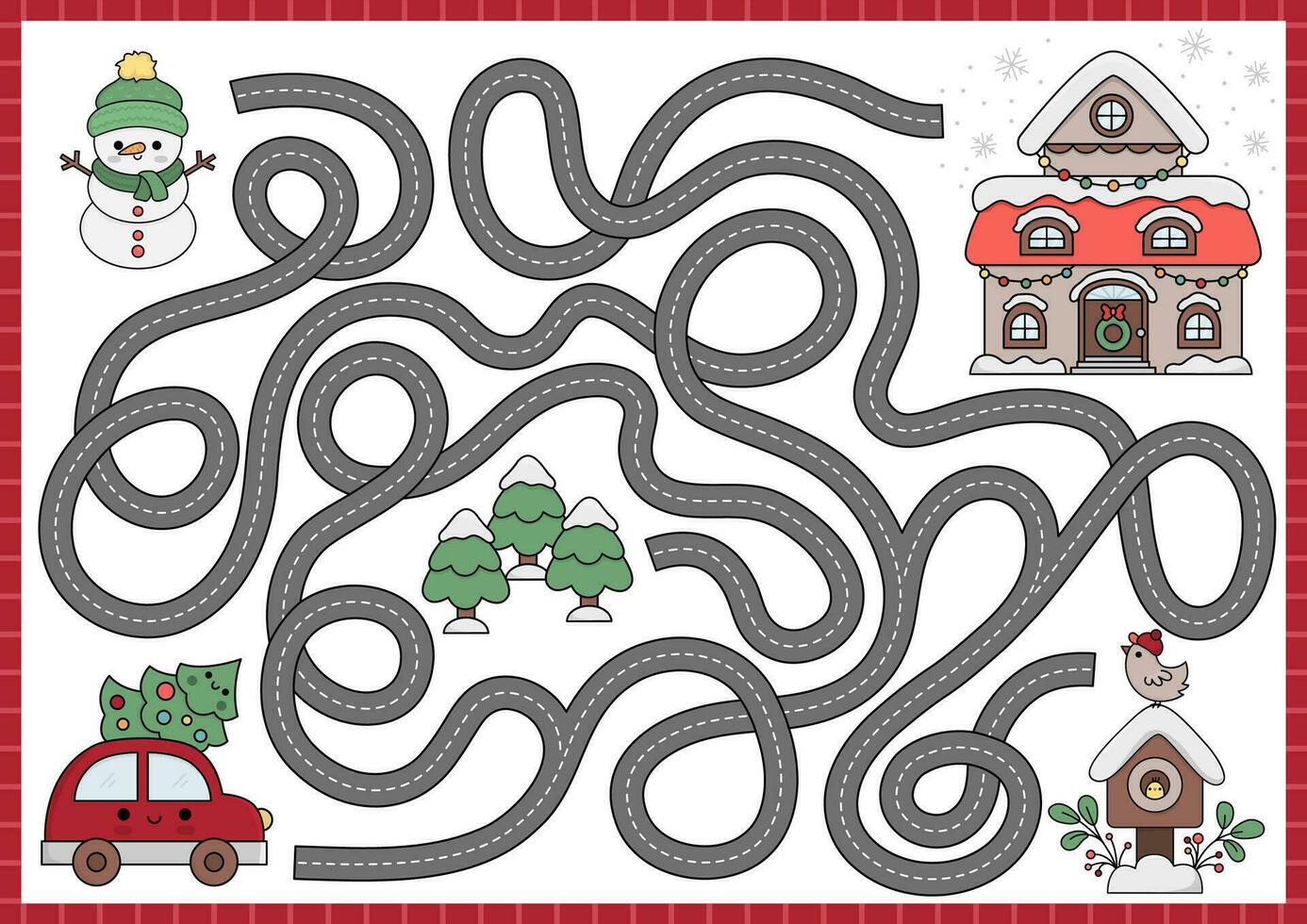 Noël Labyrinthe pour enfants. hiver vacances préscolaire imprimable activité avec mignonne kawaii voiture avec arbre, décoré maison. Nouveau année labyrinthe Jeu ou puzzle avec mignonne personnages vecteur