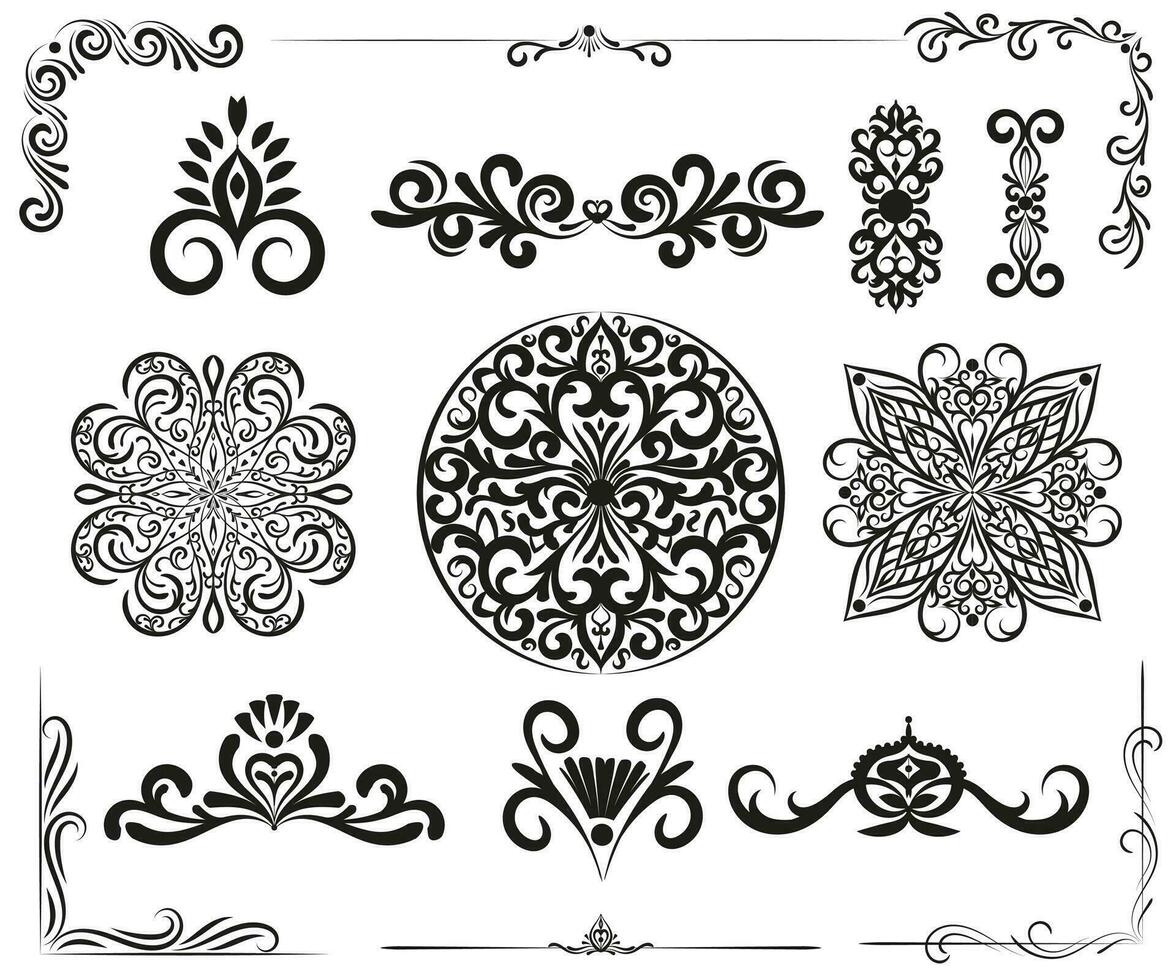 ensemble de noir ornements. ornemental éléments pour conception et décoration. texte séparateurs, frontière, frisé branches, tourbillonnant éléments, antique décor. Oriental ornements. vecteur