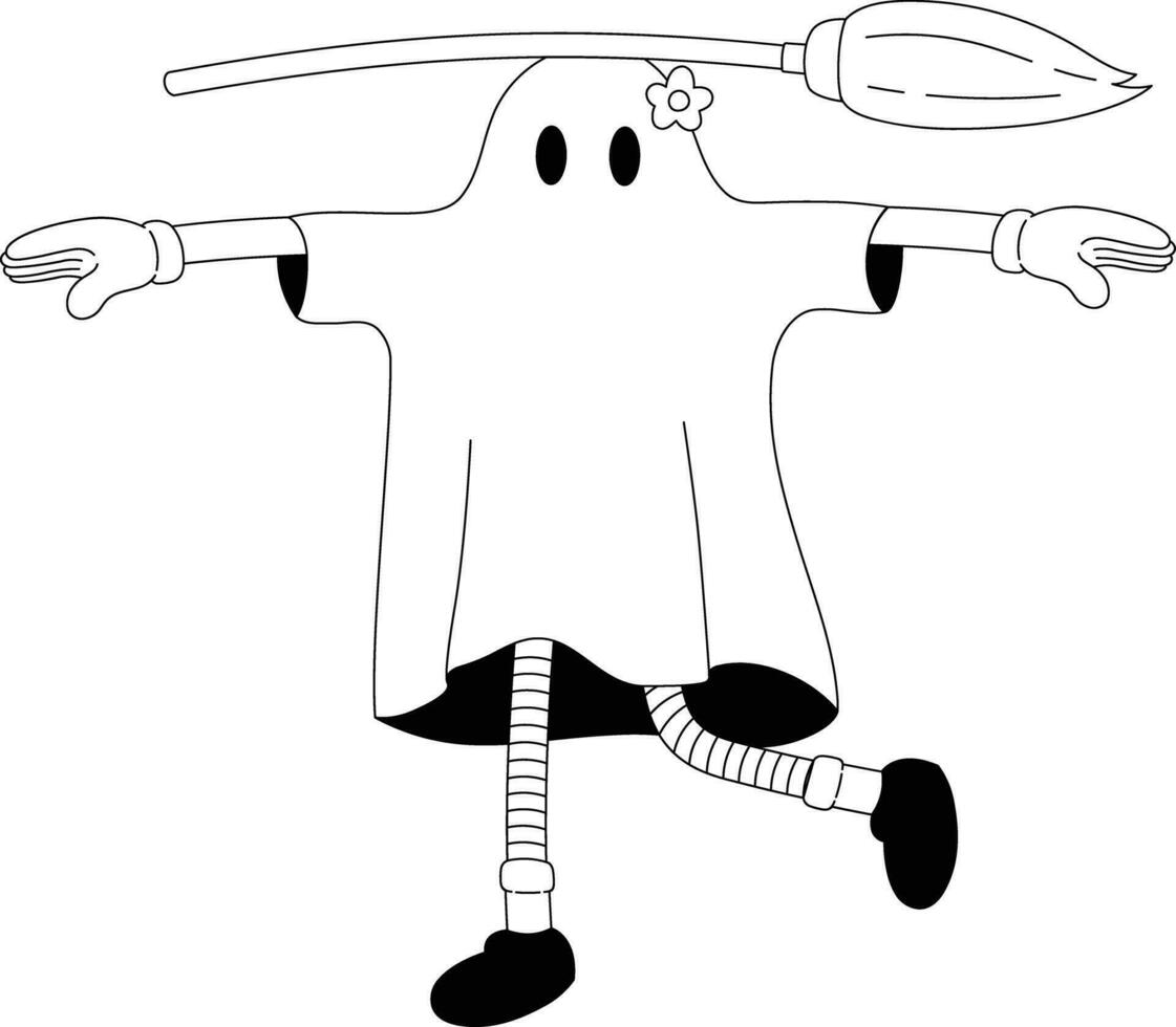 rétro fantôme Halloween illustration mascotte équilibre balai vecteur