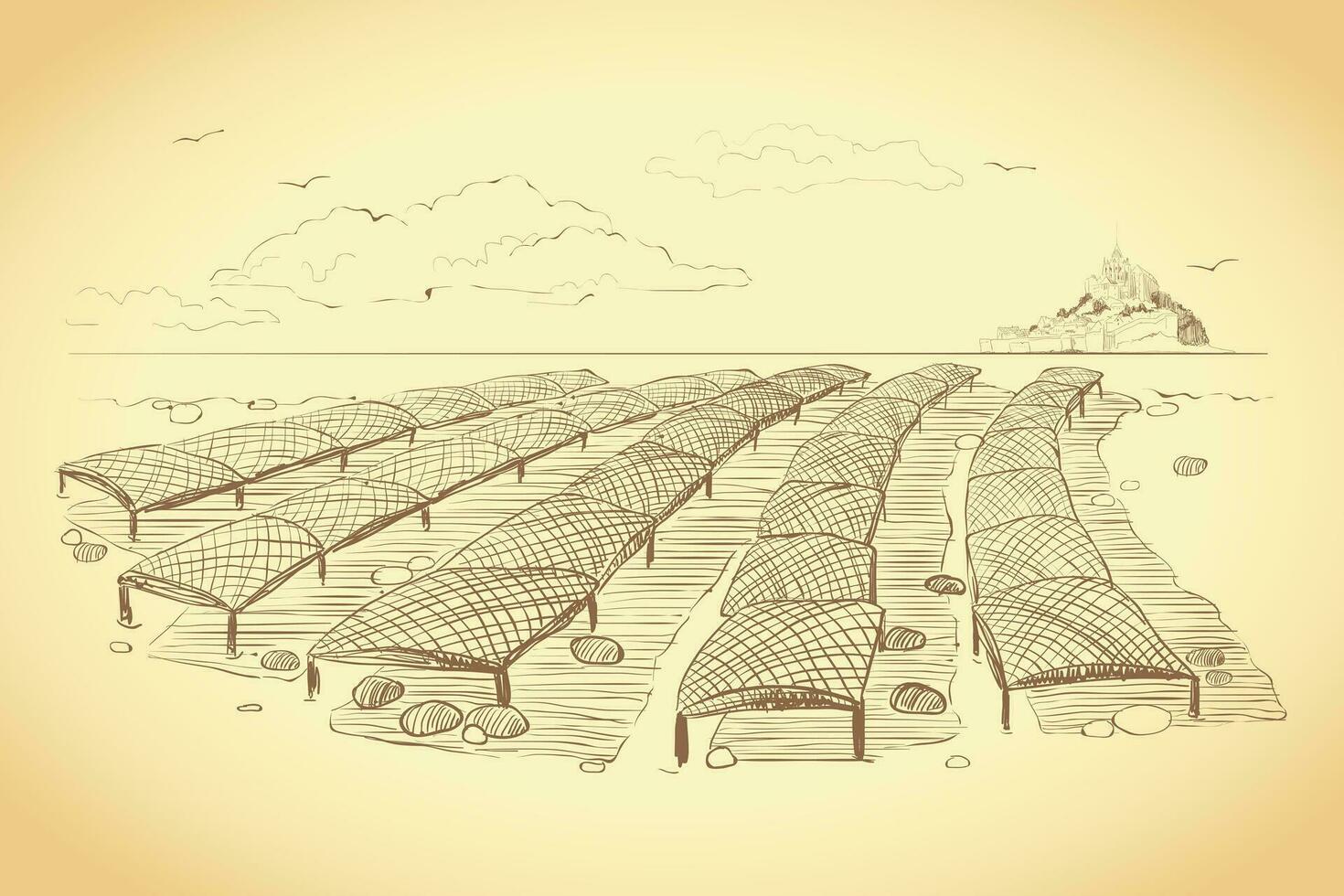 fruits de mer agriculture. illustration de le normand méthode de croissance Huîtres. vecteur graphique de un huître ferme dans san miguel baie. ancien dessin dans le style de gravure