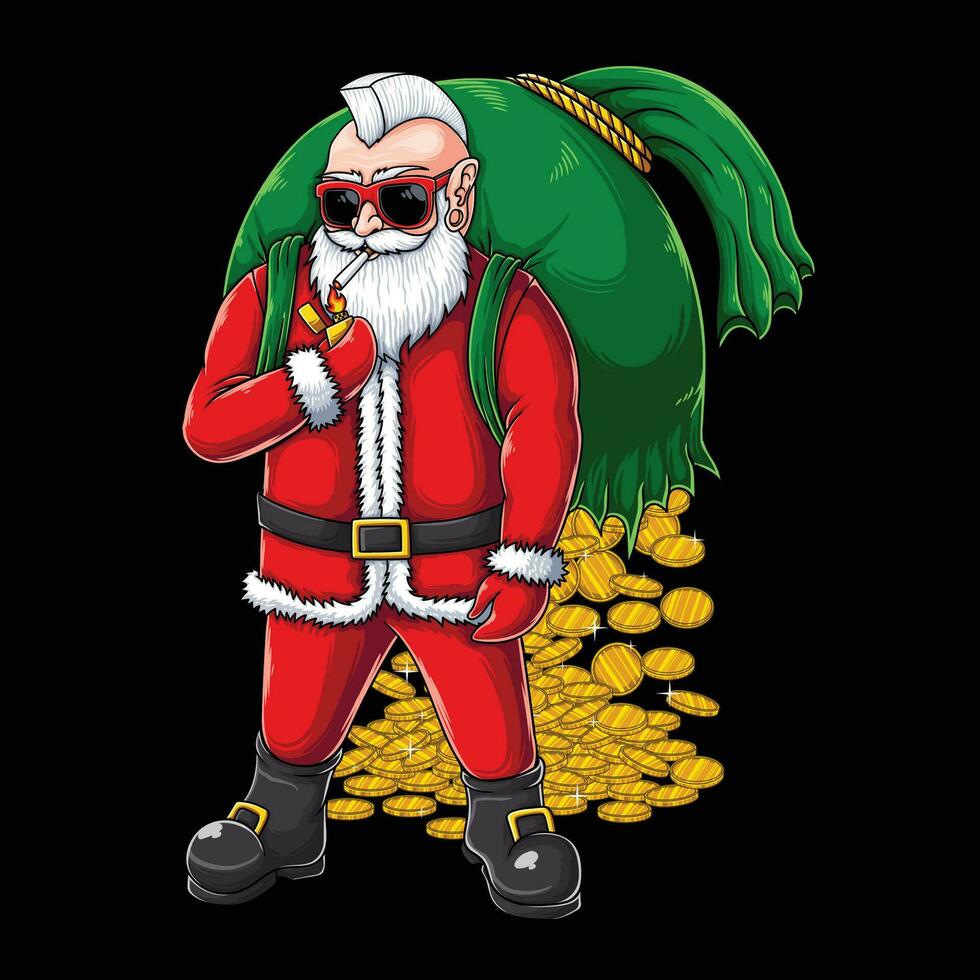 Père Noël personnage porter une sac de or pièces de monnaie vecteur illustration