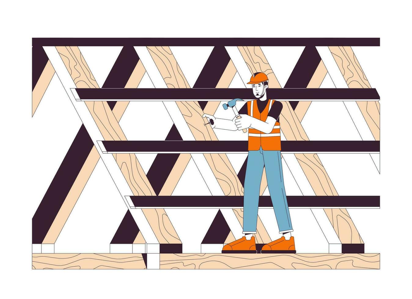 toiture construction site ligne dessin animé plat illustration. caucasien Masculin toit prestataire 2d lineart personnage isolé sur blanc Contexte. construction homme travail sur toit scène vecteur Couleur image