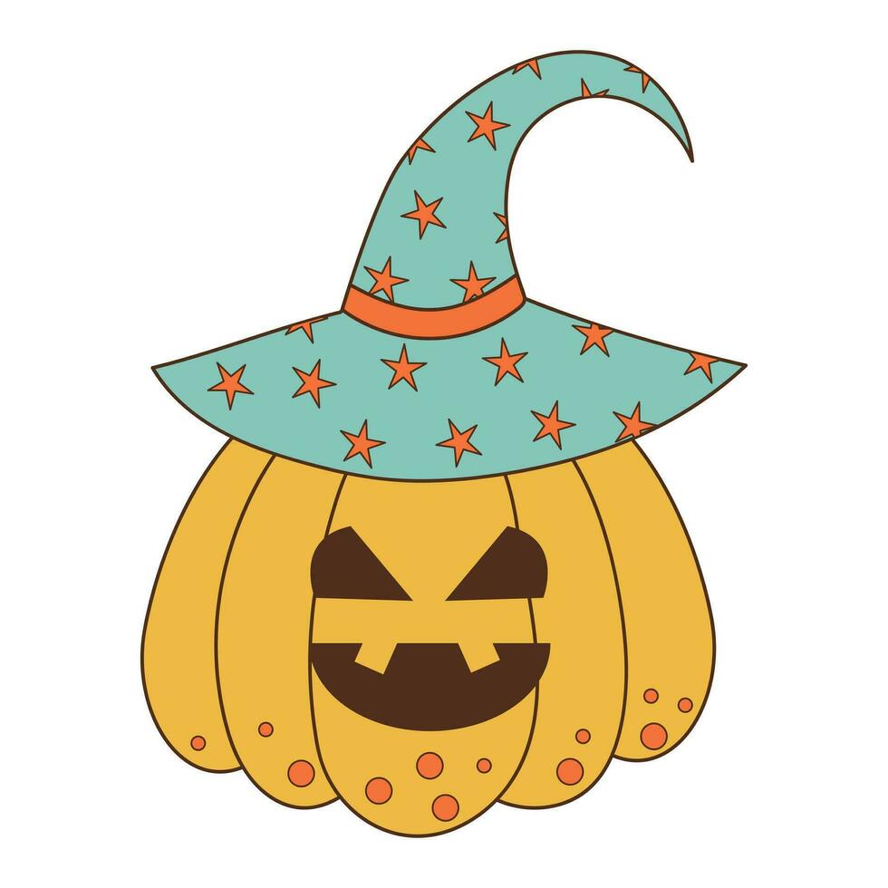 sensationnel Halloween effrayant citrouille dans sorcière chapeau. psychédélique hippie personnage. vecteur