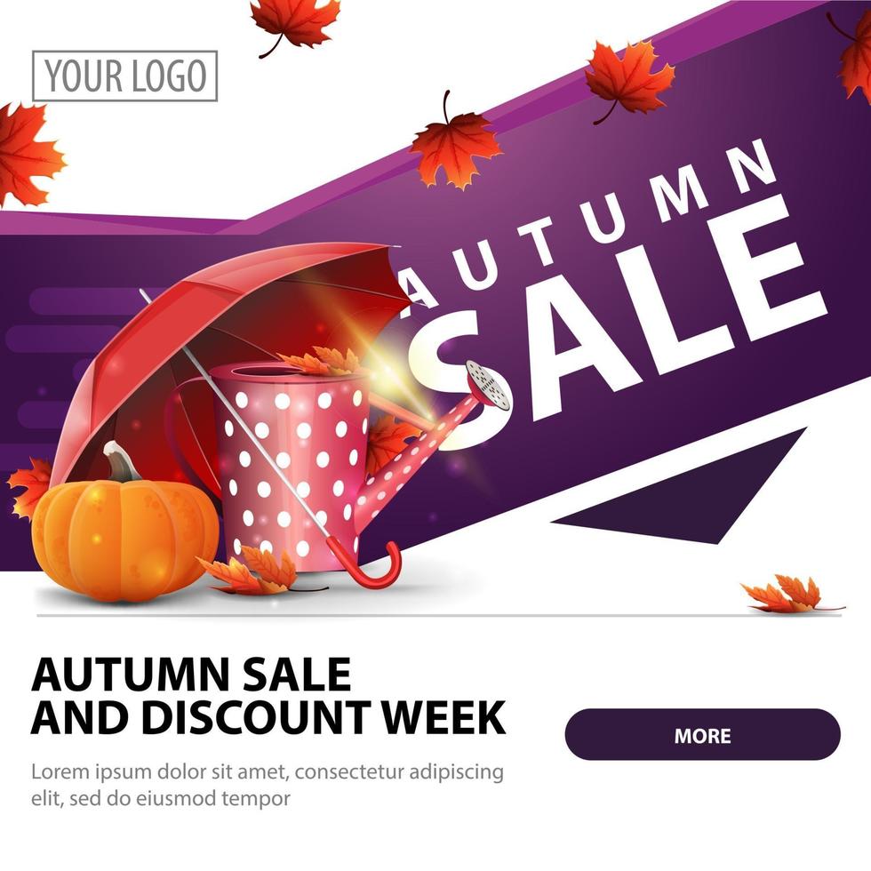 vente d'automne, bannière publicitaire et promotion avec arrosoir vecteur
