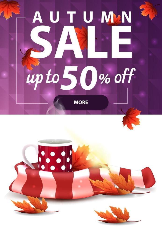 vente d'automne, bannière web de remise verticale avec tasse de thé chaud vecteur