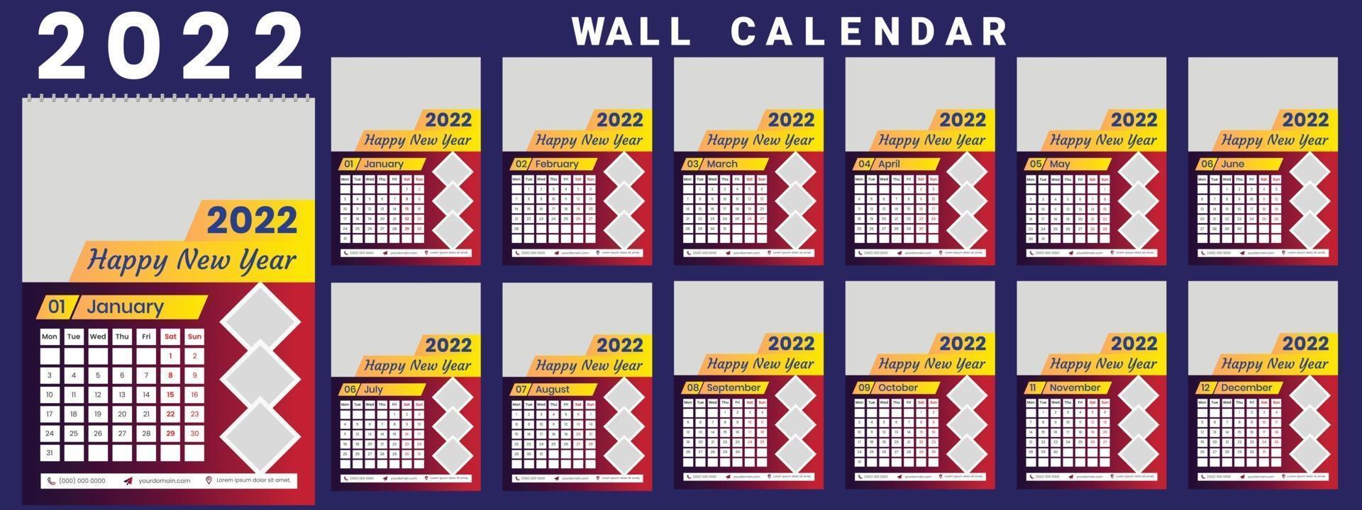 calendrier mural 2022 début de la semaine lundi modèle de conception d'entreprise vecteur