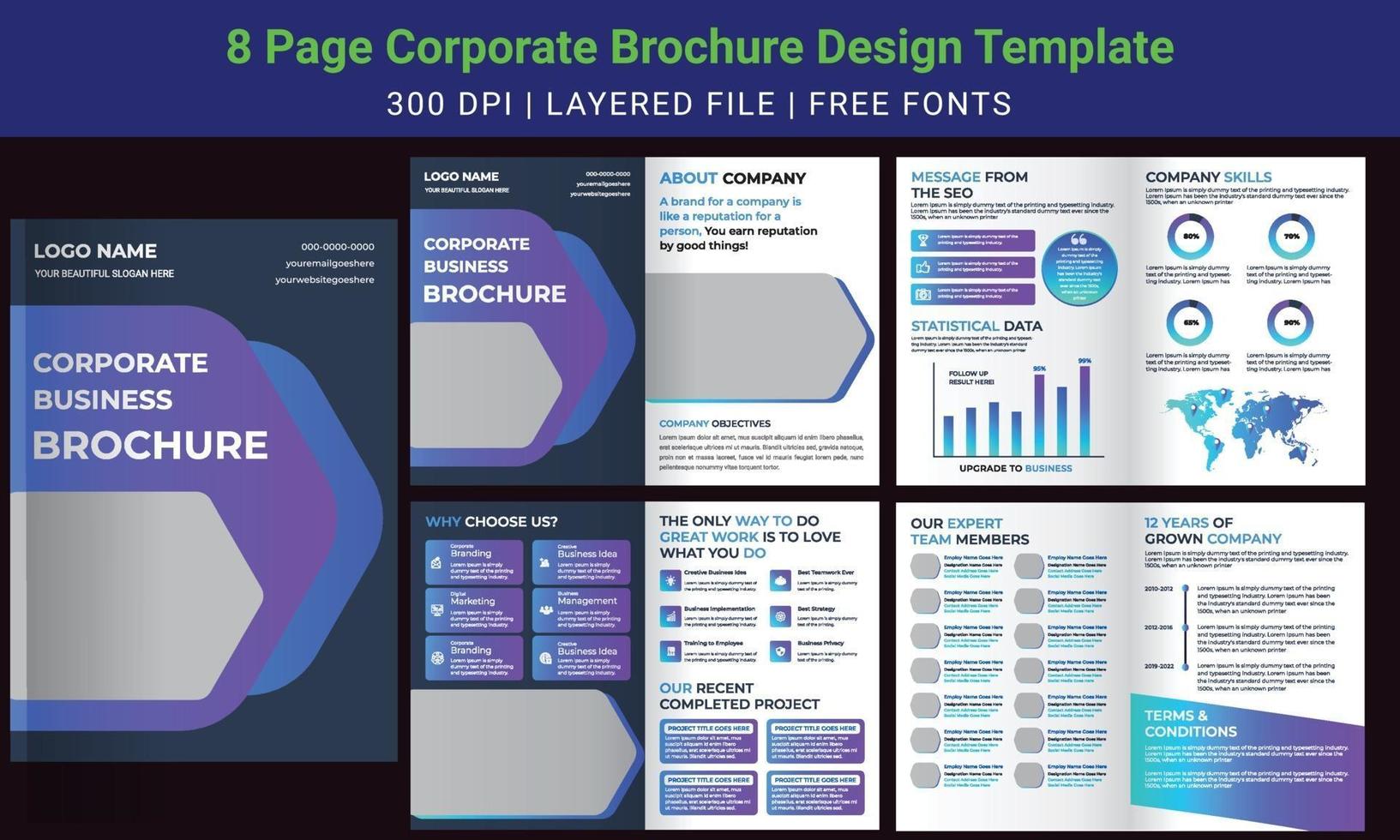 Modèle de conception de brochure d'entreprise minimale de 8 pages, profil d'entreprise, vecteur