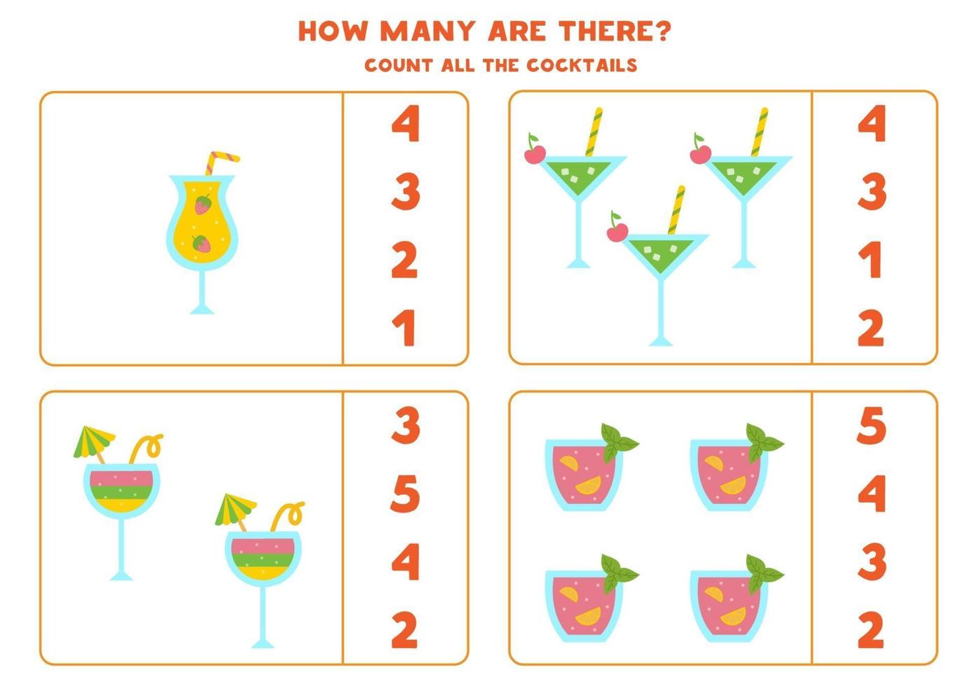 jeu de comptage avec des cocktails de dessins animés. feuille de calcul mathématique. vecteur