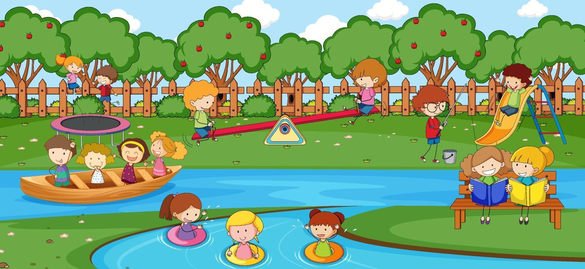 scène en plein air avec de nombreux enfants jouant dans le parc vecteur