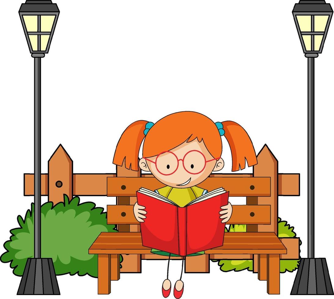 jolie fille lisant livre doodle personnage de dessin animé avec des éléments vecteur