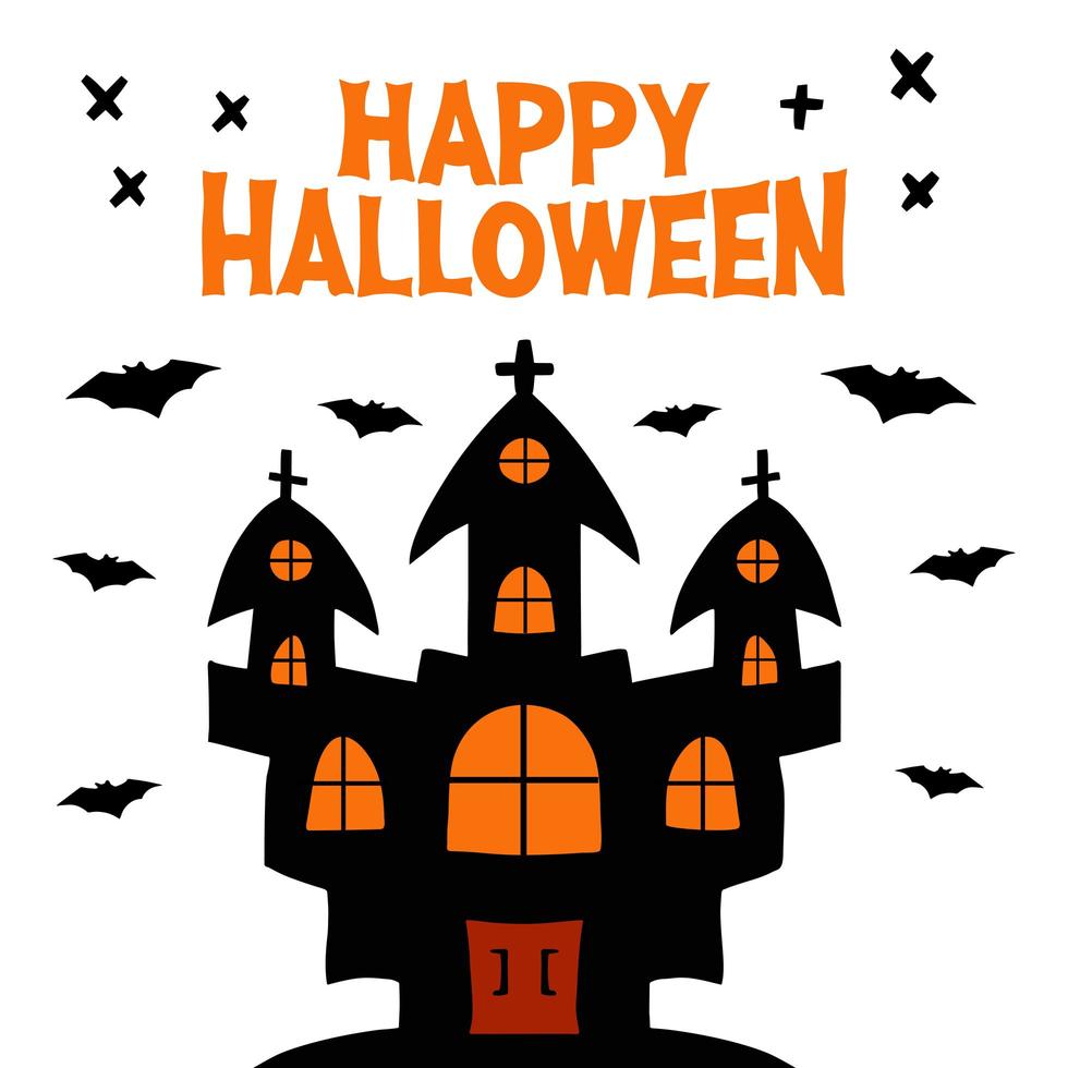 château de sorcière avec des chauves-souris volantes, joyeux halloween et croix noire de griffonnage vecteur