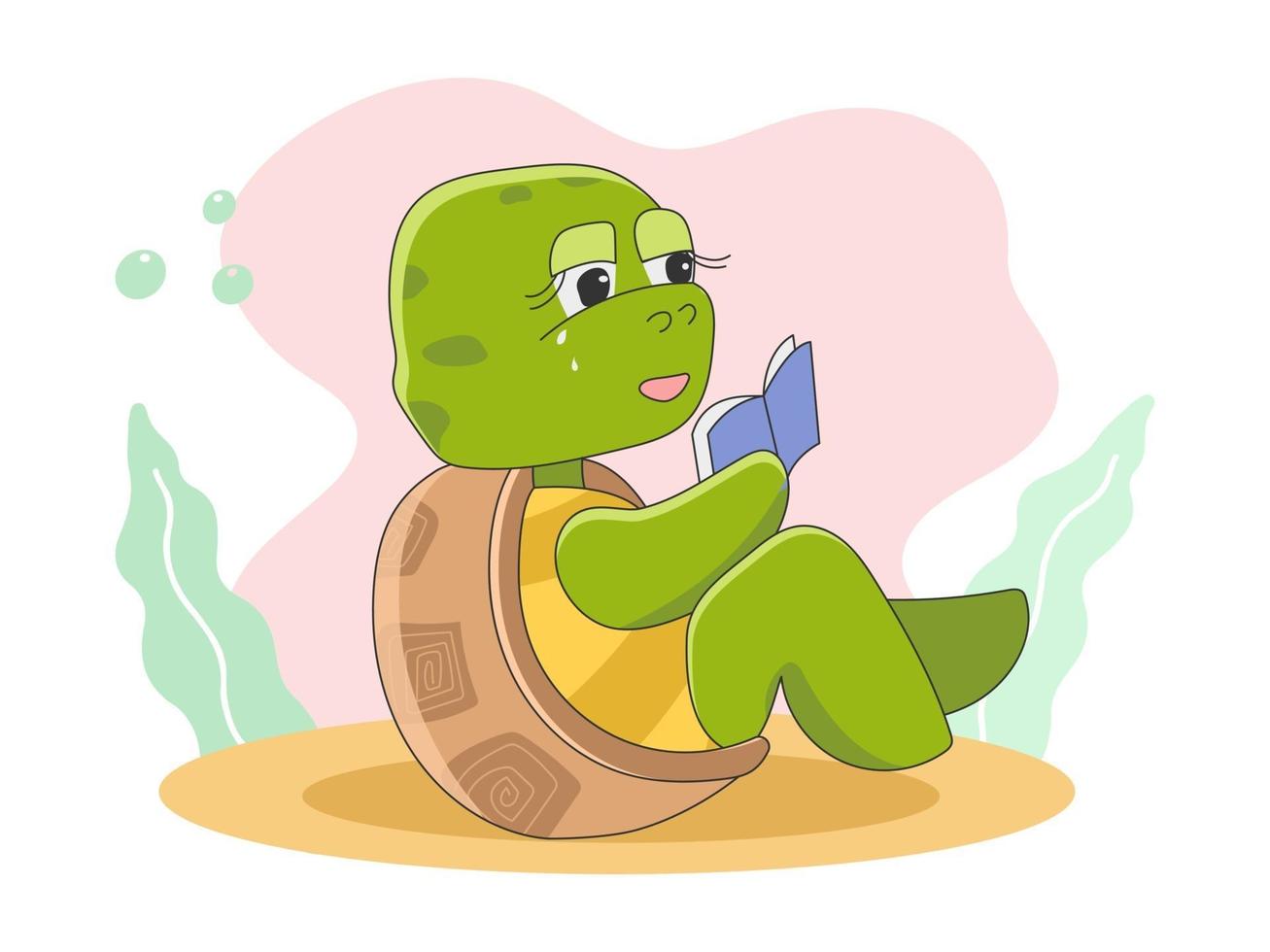 Tortue mignonne assise et lisant une illustration vectorielle de livre vecteur