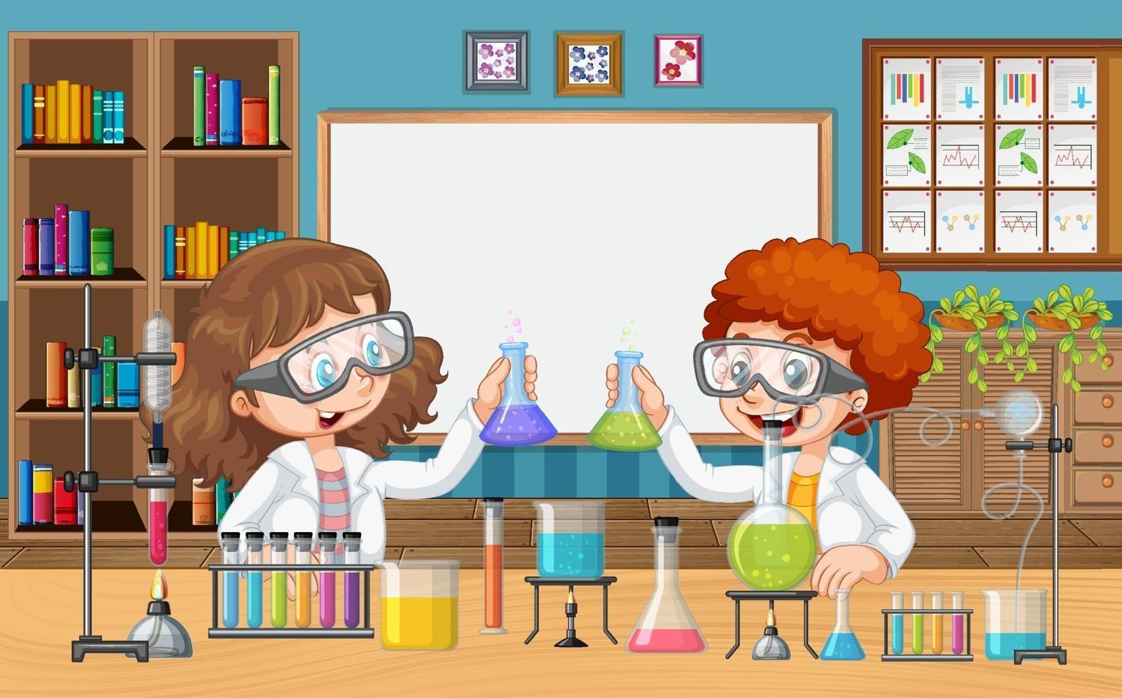 salle de classe avec des enfants faisant une expérience scientifique vecteur