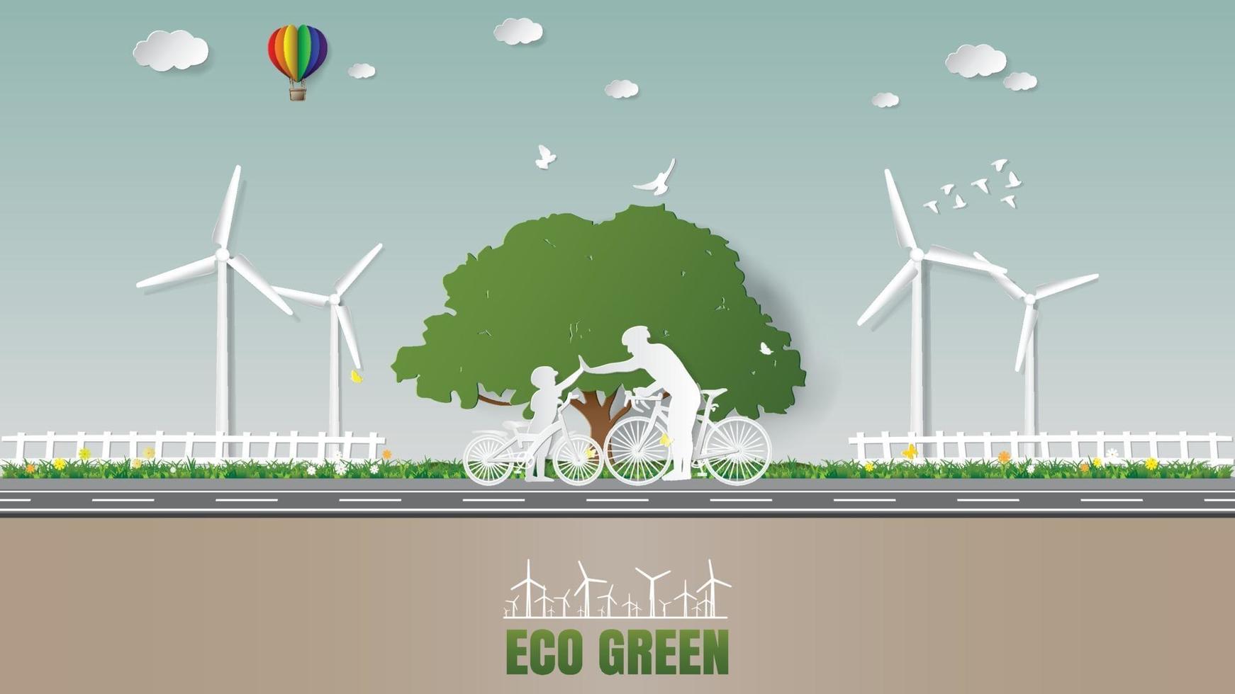 Green enery concepts père fils se donnent la main tout en faisant du vélo dans le parc vecteur