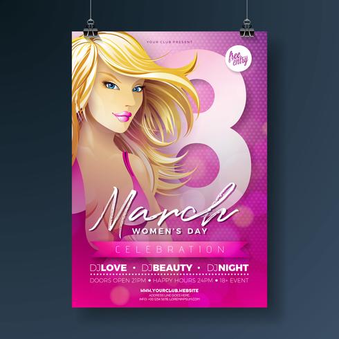 Illustration de jour des femmes fête Flyer Party avec Sexy Blondie Girl et 8 mars typographie sur fond rose Design de vacances féminin international vecteur