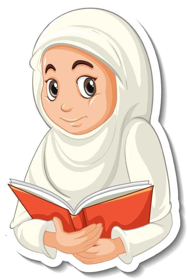 un modèle d'autocollant avec une fille musulmane priant un personnage de dessin animé vecteur
