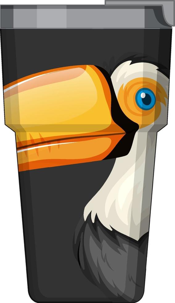 une bouteille thermos noire avec motif oiseau toucan vecteur