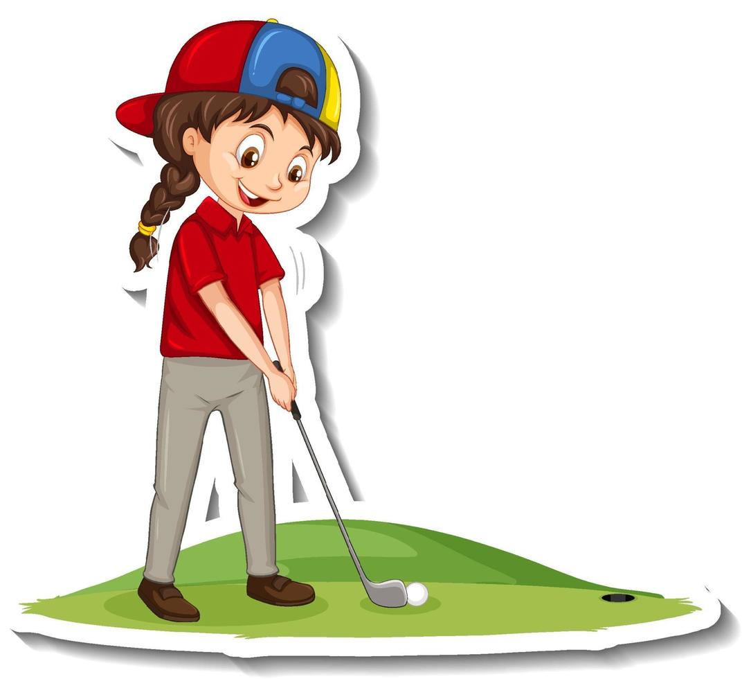autocollant de personnage de dessin animé avec une fille jouant au golf vecteur