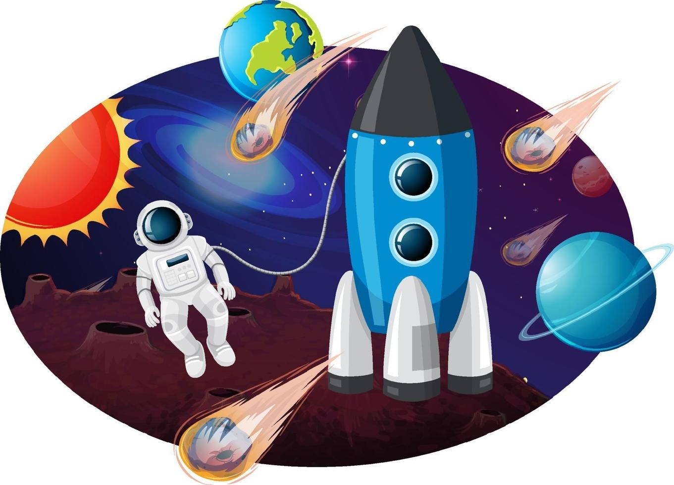 fusée avec de nombreuses planètes et astéroïdes vecteur