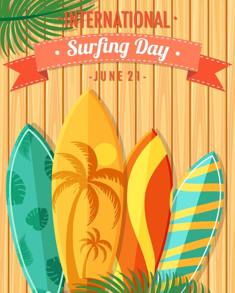 police de la journée internationale du surf avec des planches de surf sur fond de bois vecteur