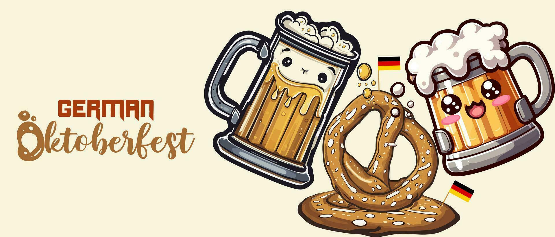 octobrefête vacances Contexte avec bretzel et Bière Stein verre. célèbre allemand octobrefête journée fête Bavière Festival bannière. Bière tasse, géant bretzel, agresser avec mousse traditionnel nourriture de Allemagne. vecteur