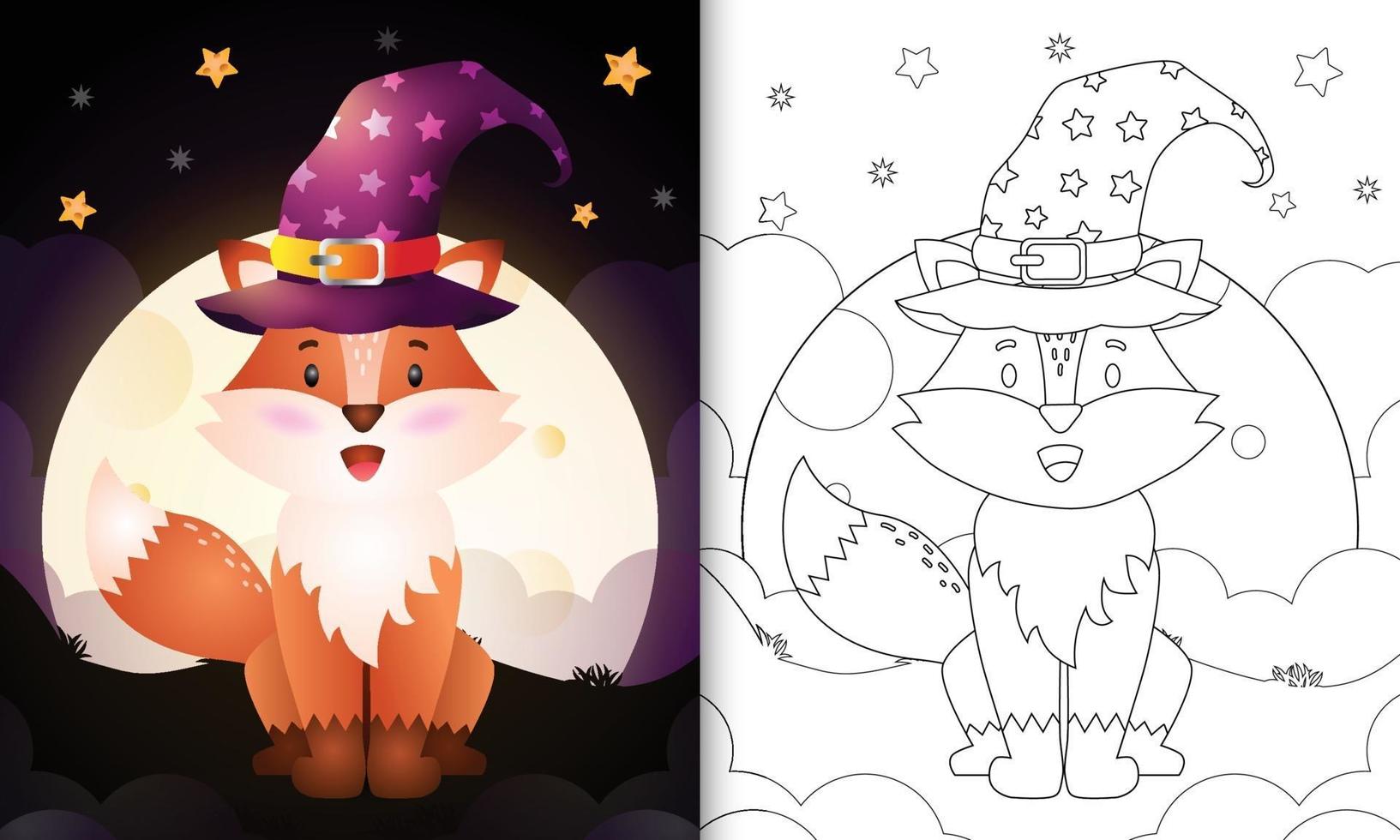 livre de coloriage avec un mignon dessin animé halloween renard sorcier devant la lune vecteur