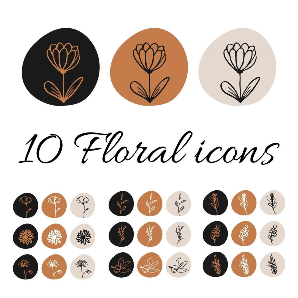 Ensemble de 10 icônes florales dessinées à la main vecteur