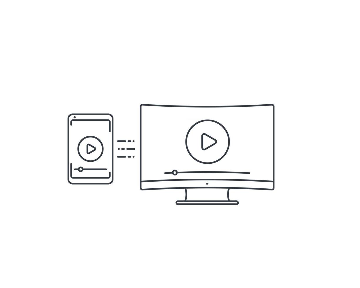lecture de vidéo, mise en miroir d'écran avec l'icône de ligne vectorielle tv et smartphone vecteur