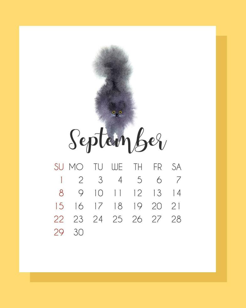 septembre calendrier 2024 avec main tiré aquarelle noir chat. calendrier 2024. l'automne calendrier 2024 avec mignon, duveteux chat. vecteur