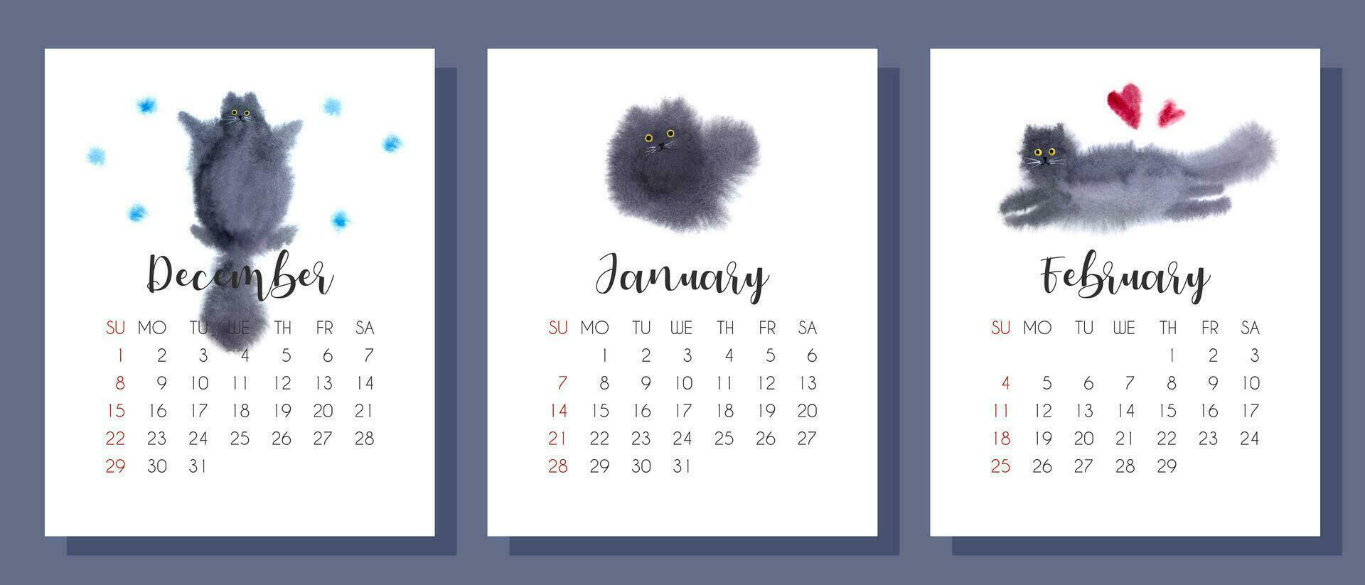 hiver calendrier 2024 avec main tiré aquarelle noir chat. hiver calendrier 2024 avec mignon, duveteux chat. vecteur