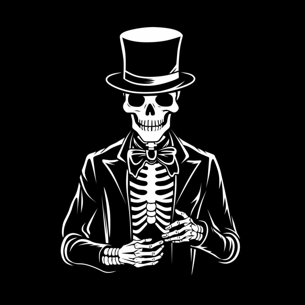 noir et blanc illustration conception de une crâne portant une costume et chapeau sur une noir Contexte vecteur