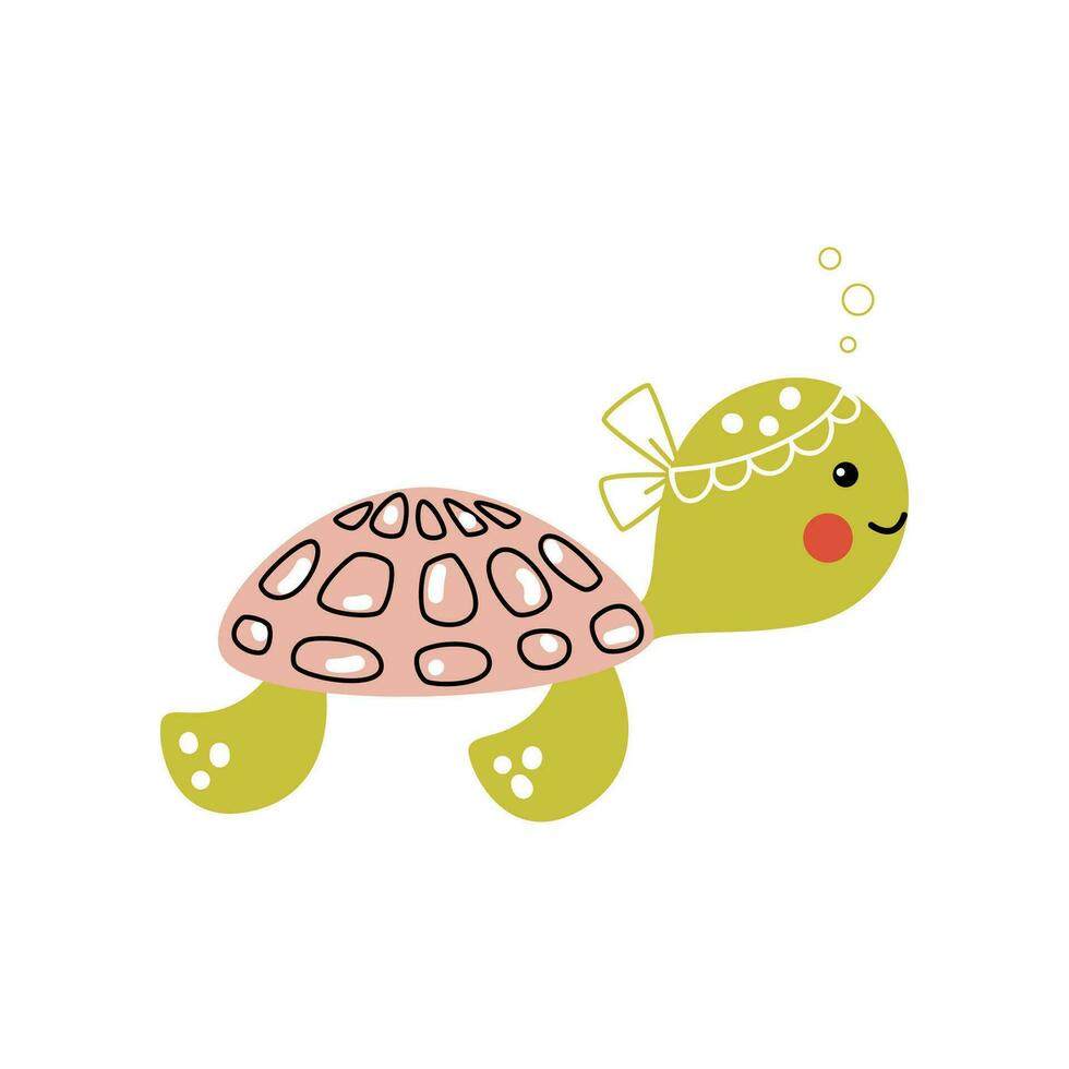 marrant bébé mer tortue nager sous-marin. mignonne vecteur illustration tiré dans dessin animé style. mer animal autocollant, impression pour des gamins Vêtements