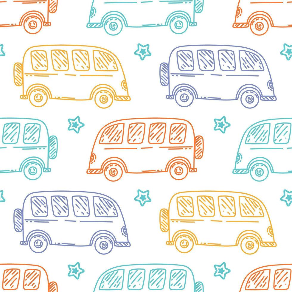 mignonne sans couture bébé vecteur modèle avec coloré autobus tiré dans esquisser style. marrant illustration pour des gamins textile avec répété ornement de ville transport sur blanc Contexte