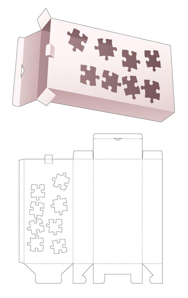 boîte d'emballage longue et en étain avec gabarit de découpe de 8 pièces de puzzle au pochoir vecteur