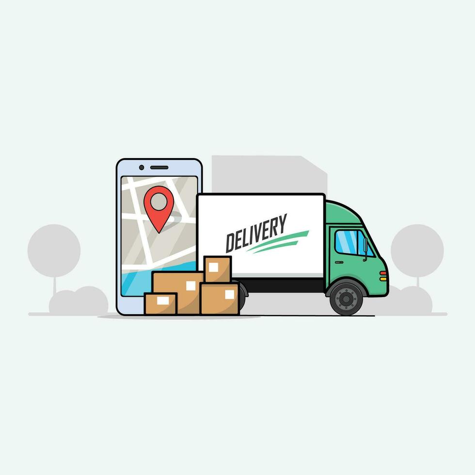 livraison un camion vecteur illustration. concept en ligne carte, suivi, service. en ligne livraison un service concept